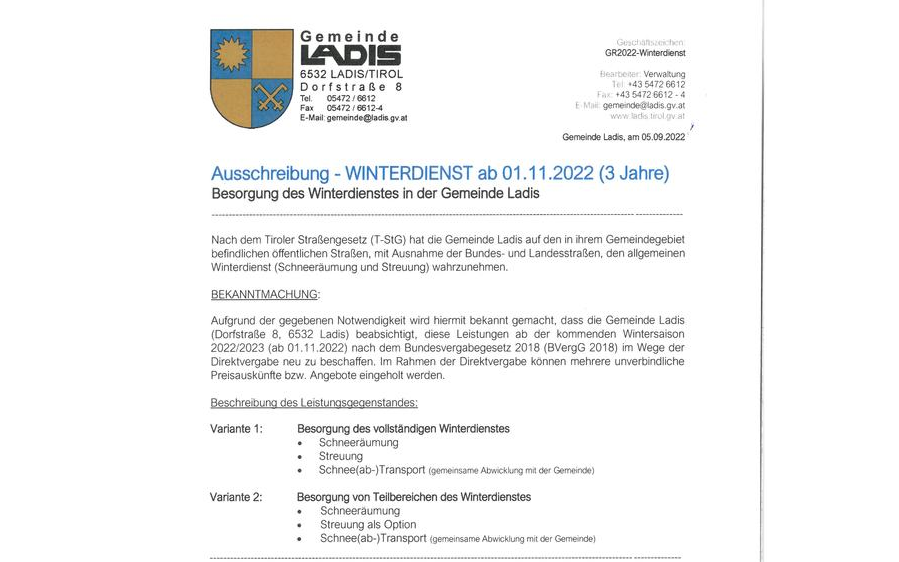 Ausschreibung Winterdienst Gemeinde Ladis ab 01.11.2022 (3 Jahre)