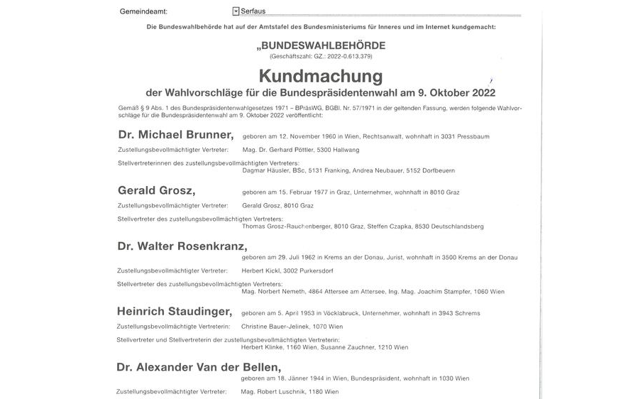 Kundmachung der Wahlvorschläge für die Bundespräsidentenwahl am 9. Oktober 2022