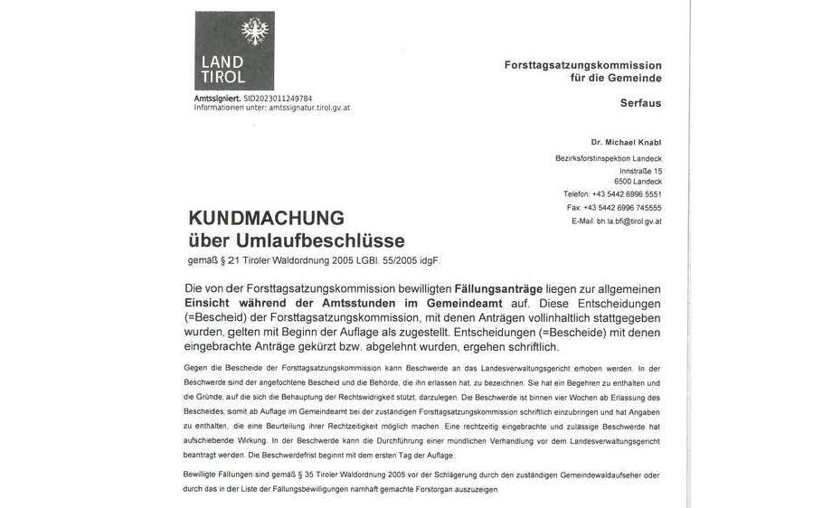 Kundmachung über Umlaufbeschlüsse gemäß § 21 Tiroler Waldordnung 2005