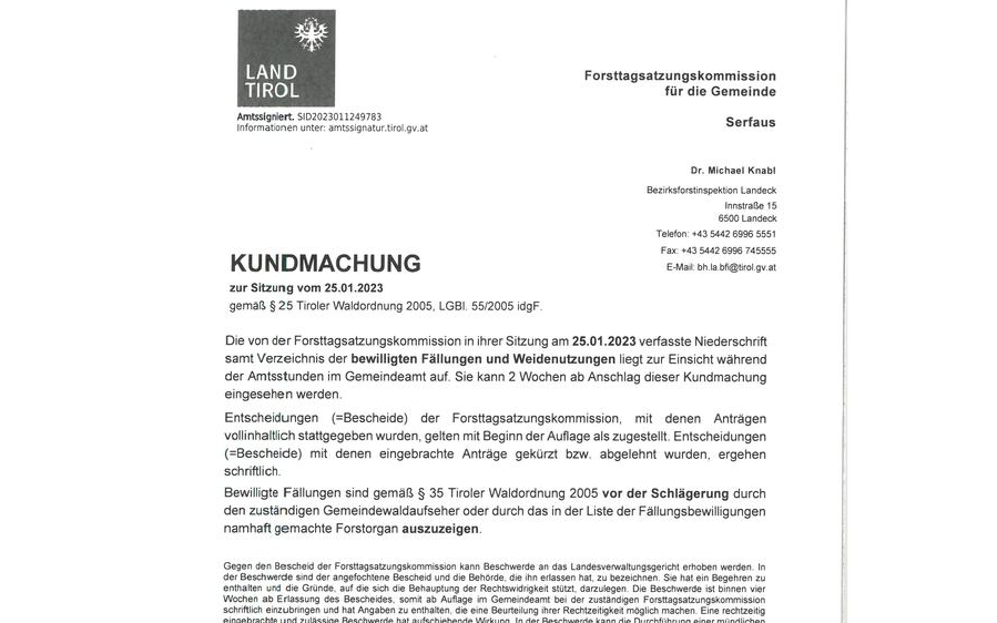 Kundmachung - Sitzung Forsttagsatzungskommission vom 25.01.2023