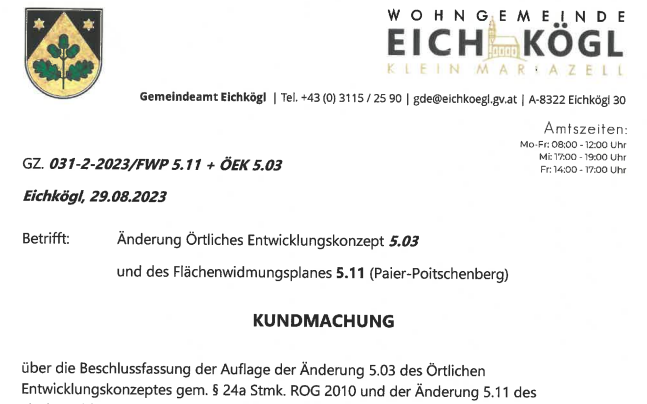 Kundmachung - Änderung Örtliches Entwicklungskonzept 5.03 und des Flächenwidmungsplanes 5.11 (Paier-Poitschenberg)