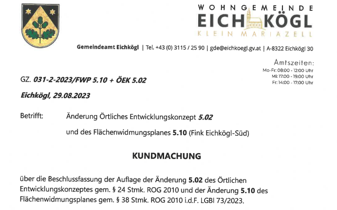 Kundmachung Änderung Örtliches Entwicklungskonzept 5.02 und des Flächenwidmungsplanes 5.10 (Fink-Eichkögl-Süd)