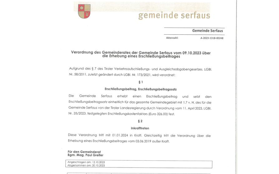 Verordnung des Gemeinderates der Gemeinde Serfaus vom 09.10.2023 über die Erhebung des Erschließungsbeitrages 