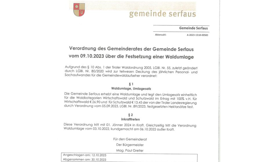 Verordnung des Gemeinderates der Gemeinde Serfaus vom 09.10.2023 über die Festsetzung einer Waldumlage