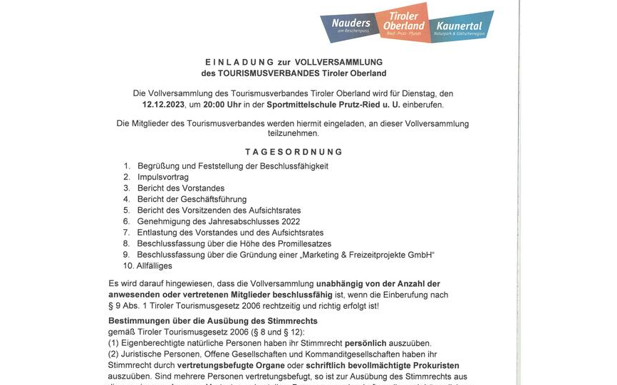 Einladung Vollversammlung TVB Tiroler Oberland