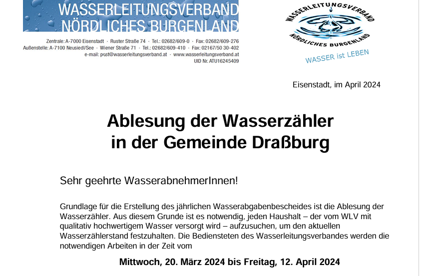 Ablesung der Wasserzähler in Draßburg 20.3.2024-12.4.2024