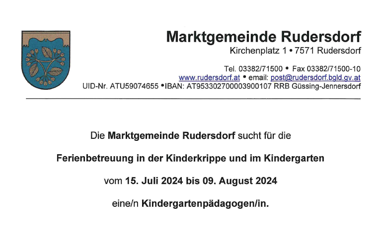 Stellenausschreibung Marktgemeinde Rudersdorf Kindergarten Pädagogin/Pädagoge