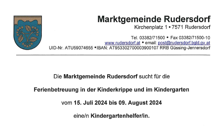 Stellenausschreibung Marktgemeinde Rudersdorf Kindergartenhelfer/in