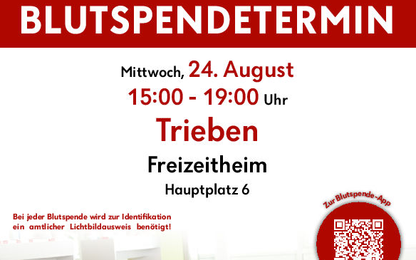 24.08.2022 Blutspendetermin, Freizeitheim Trieben