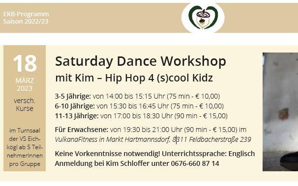 18.03.2023 Saturday Dance Workshop mit Kim – Hip Hop 4 (s)cool Kidz, Turnsaal VS Eichkögl