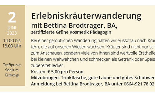 02.06.2023 Erlebniskräuterwanderung mit Bettina Brodtrager, BA zertifizierte Grüne Kosmetik Pädagogin, fidelium