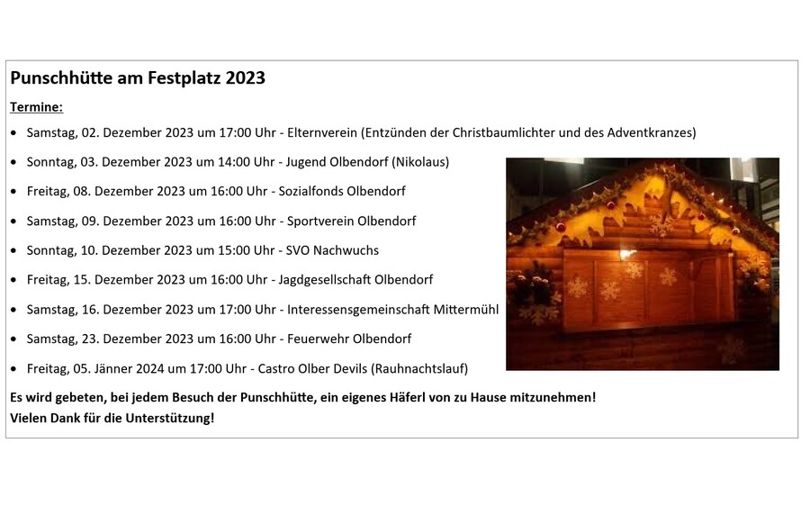 02.12.2023 Termine Punschhütte, Festplatz Olbendorf