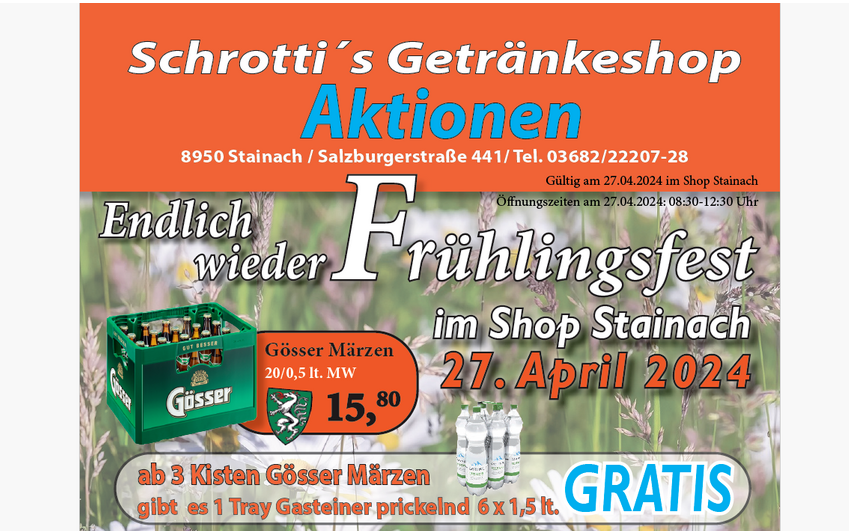 27.04.2024 Frühlingsfest im Shop Stainach , Schrotti's Getränkeshop Stainach