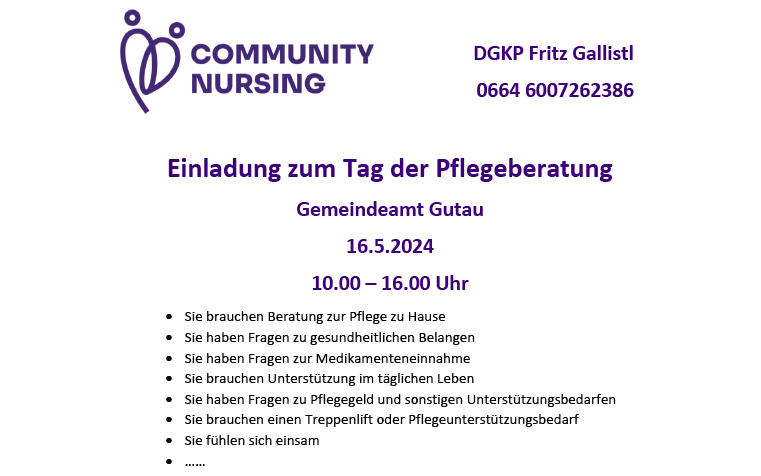 16.05.2024 Einladung zum Tag der Pflegeberatung, Gemeindeamt Gutau