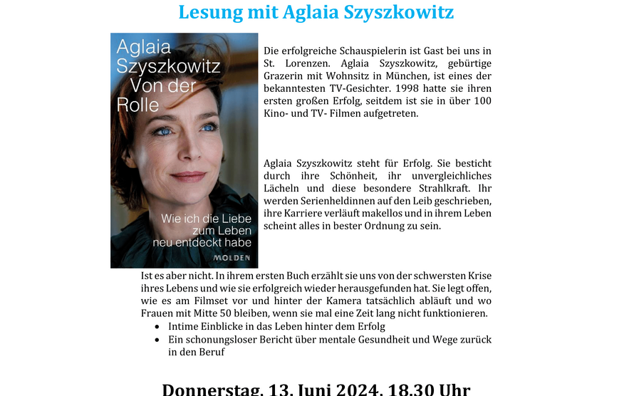 13.06.2024 Lesung mit Aglaia Szyszkowitz, Bücherei im Gemeindeamt
